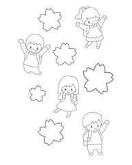 Obraz premium かわいい小学生4人と桜の花の春の入学進級手描き風線画イラスト