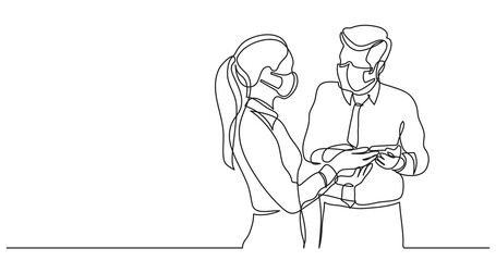 two employees wearing face masks talking about smart phone app - one line drawing