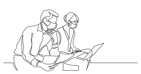 two coworkers wearing face masks working on documents with laptop computer - single line drawing