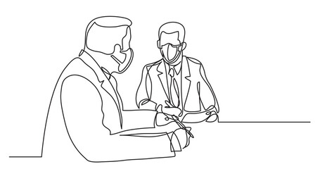 two business negotiators wearing face masks talking about work contract - one line drawing