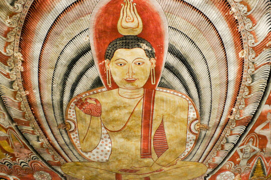 At Dambulla, Sri Lanka, the caves of the Royal Rock Temple complex are filled with Buddha images and murals.