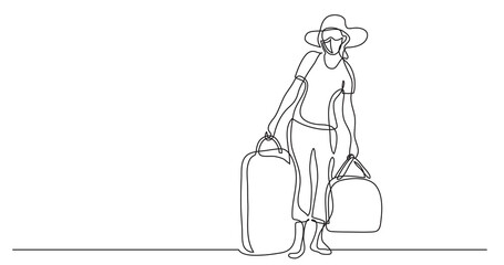 continuous line drawing of woman traveler carrying baggage wearing face mask