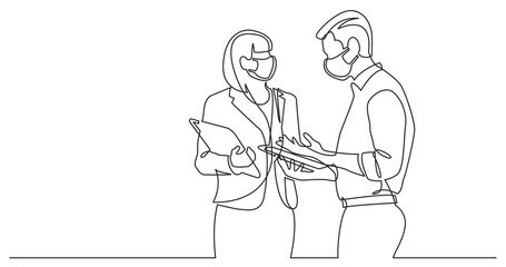 continuous line drawing of woman and man standing talking about work wearing face masks