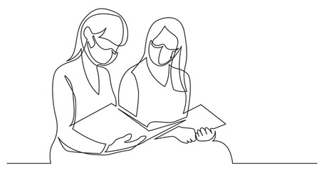 continuous line drawing of two young women reading book wearing face masks