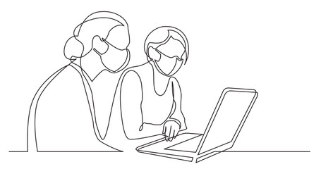 continuous line drawing of two women sitting and watching laptop computer wearing face masks