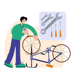 Bicycle repair. A man repairs a bicycle. The mechanic repairs the bicycle, the mechanic inflates the wheels. Web graphics, banners, advertisements, business templates.