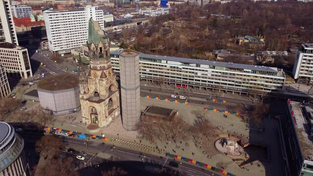 Famous Breitscheidplatz Square Berlin with Kaiser Wilhelm Memorial Church. Amazing drone footage