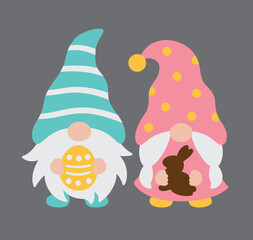 Vector illustration of cute boy and girl Easter gnome couple holding Easter egg and a chocolate bunny.