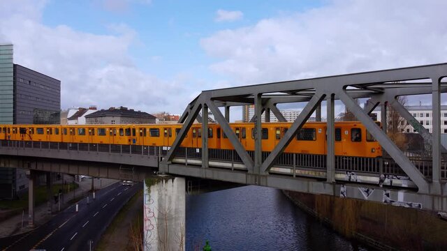 The yellow cars of the Berlin metro. Amazing drone footage
