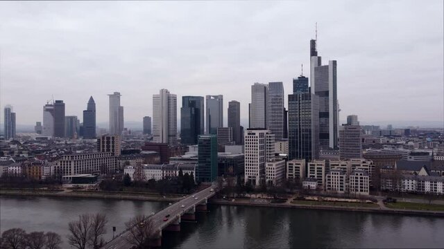 Flight over the city of Frankfurt Germany. Amazing drone footage