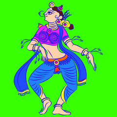 Gopika or Sevika, lord's servant's drawn in Indian folk art form Kalamkari, for textile printing, coloring book, textile/ fabric prints, phone case, greeting card. logo, calendar