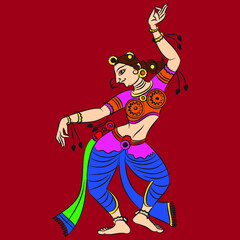 Gopika or Sevika, lord's servant's drawn in Indian folk art form Kalamkari, for textile printing, coloring book, textile/ fabric prints, phone case, greeting card. logo, calendar