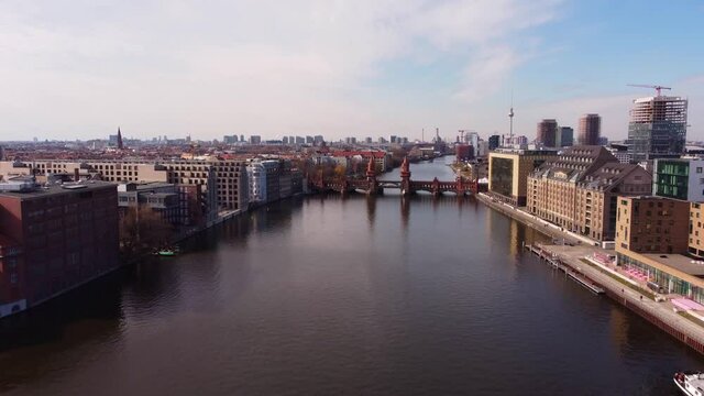 River Spree in the city of Berlin with Oberbaum Bridge. Amazing drone footage