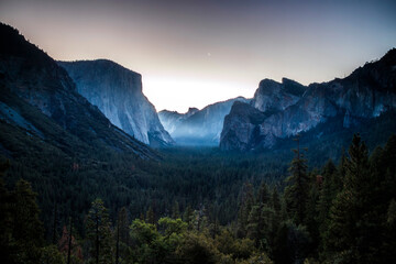 dawn in the Yosemite Valley as viewed from the Tunnel View in Rt 41 in Yosemite National park, California