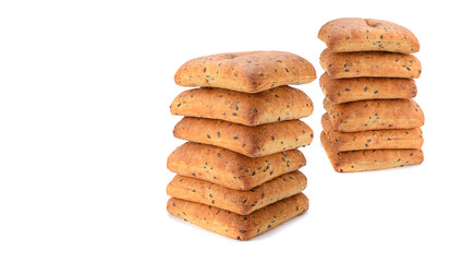 Oatmeal bread with flax seeds is isolated on a white background.Selective focus.
