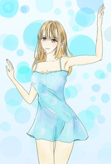 水彩タッチの水色のワンピースの女性