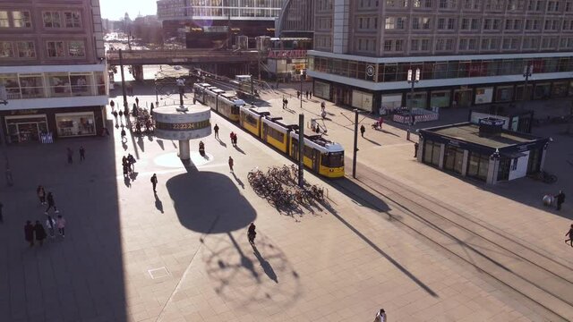 Famous Alexanderplatz Square in Berlin from above - aerial view. Amazing drone footage