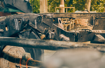 Rear Car Chassis and Wheel Hub and Tire and Rear Shaft in Vintage Tone