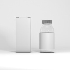 3D mock up render vaccine glass bottle with box packaging empty front view