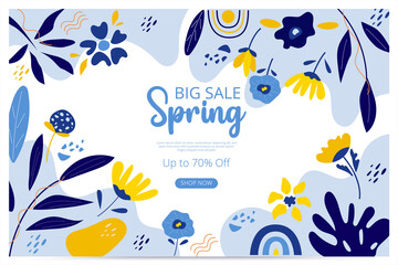 Fototapeta na wymiar Big sale spring banner with blossom bloom. Sale banner. Vector illustration. Hand drawn. Organic flower design.
