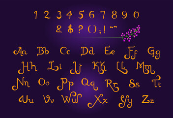 Set of hand drawn script alphabet with number and common symbols on dark lavender colored background. Suitable for wedding invitations, Christmas cards, book titles with fairy tale or fantasy themes