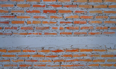 Empty old brick wall painted texture happy red-brown wall wide grunge brick wall shabby building with damaged plaster abstract web banner white copy space draped over.