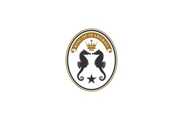 seahorse king logo with added illustration of a seahorse and gold crown