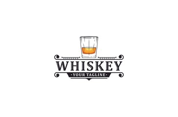 a logo for a whiskey with an illustration of a refreshing glass of beer - obrazy, fototapety, plakaty