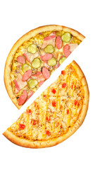 Pizza, two halves isolated on a white background. Versus concept. Appetizing pizza.