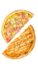 Pizza, two halves isolated on a white background. Versus concept. Appetizing pizza.