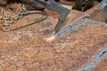 Left View Checker Plate or Diamond Plate Cutting by Oxygen Acetylene Cutting Torch Technique