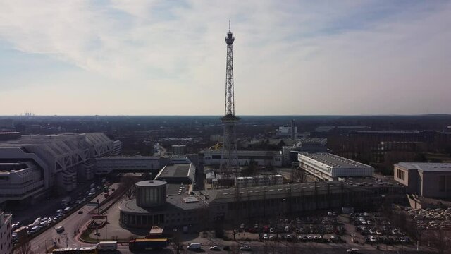 Exhibition grounds Berlin with radio tower. Amazing drone footage