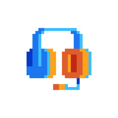 Naklejka premium Headphones pixel art icon. Online assistant, client support manager. Headphone with microphone isolated vector illustration. Design for stickers, logo, app. 