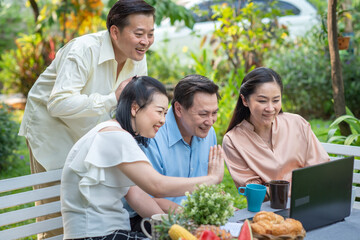 Group of asia family and friends happiness meeting, Lifestyle people middle age outdoor party. Communication social online life of asian people.