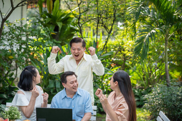 Group of asia family and friends happiness meeting, Lifestyle people middle age outdoor party. Communication social online life of asian people.