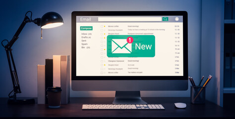 New email alert on computer, communication connection message to global letters in the workplace.