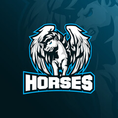 horse mascot logo design with modern illustration concept style for badge, emblem and t shirt printing. horse illustration with wings.