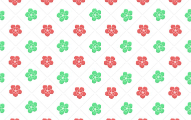 Geometric red and green flower pattern in white tiles. simple background texture. Floral seamless