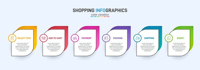 Obraz premium Concept of shopping process with 6 successive steps. Six colorful graphic elements. Timeline design for brochure, presentation, web site. Infographic design layout.