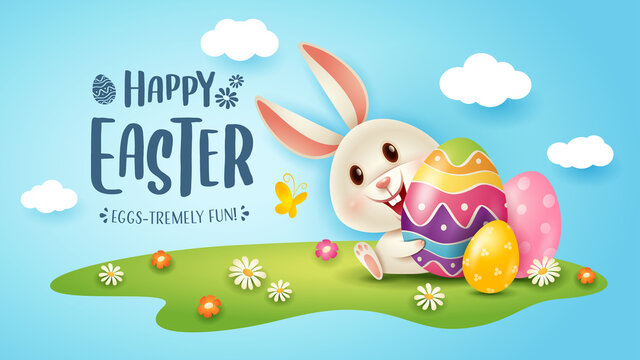 Happy Easter! Easter festival background with bunny and eggs on grass.