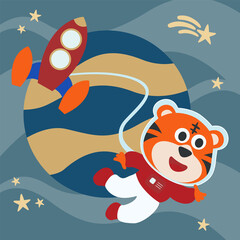 Space tiger or astronaut in a space suit with cartoon style. Can be used for t-shirt print, kids wear fashion design, invitation card. fabric, textile, nursery wallpaper, poster and other decoration.