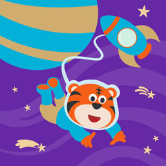 Space tiger or astronaut in a space suit with cartoon style. Can be used for t-shirt print, kids wear fashion design, invitation card. fabric, textile, nursery wallpaper, poster and other decoration.