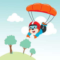 Vector illustration of a cute tiger flying with a parachute. with cartoon style. Creative vector childish background for fabric textile, nursery wallpaper, poster, card, brochure. vector illustration
