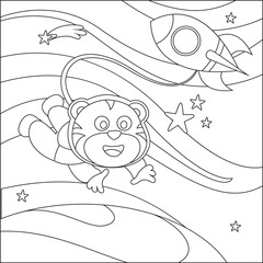 Space tiger or astronaut in a space suit with cartoon style. Creative vector Childish design for kids activity colouring book or page.