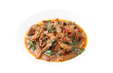 Thai spicy stir-fried duck and basil in ceramic dish isolated on white background