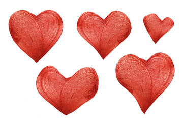 set of red gold hand drawn heart. Gold brush stroke design element for greeting, gift, wedding, birthday card.
