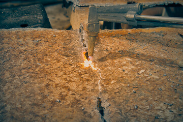 Left View of Checker Plate Cutting by Oxygen Acetylene Cutting Torch and Small Sparkle in Vintage...