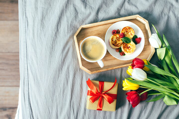 Top view on holiday breakfast. Mother's day, 8 march, valentine's day concept. Delicious branch