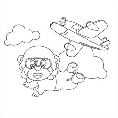 Vector cartoon illustration of skydiving with litlle lion, plane and clouds,  with cartoon style Childish design for kids activity colouring book or page.