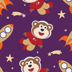 Seamless pattern cute astronaut  monkey in space with cartoon style. space rockets, planets, stars. Creative vector childish background for fabric, textile, nursery wallpaper, card, poster.